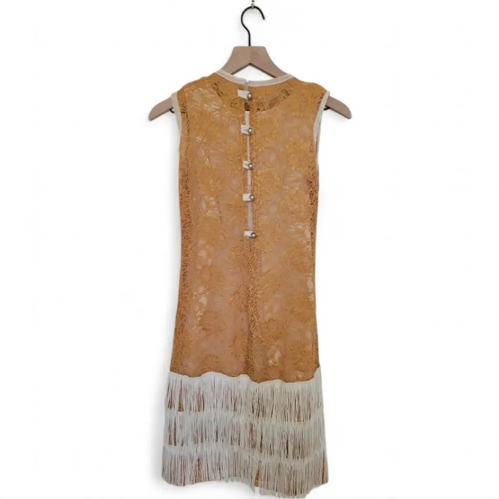 Flapper Dress Child Vintage Costume Gold and White Lace Fringe Youth Medium